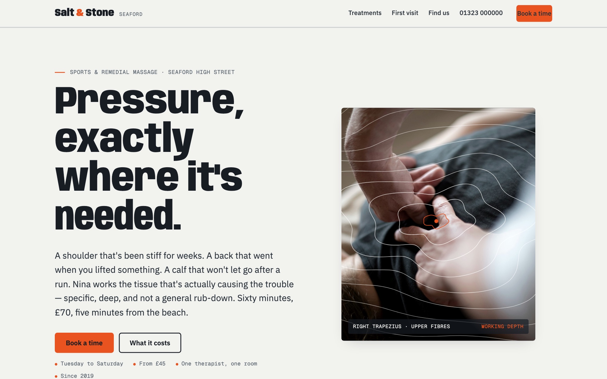 The Salt & Stone example site, showing a headline reading Pressure, exactly where it's needed